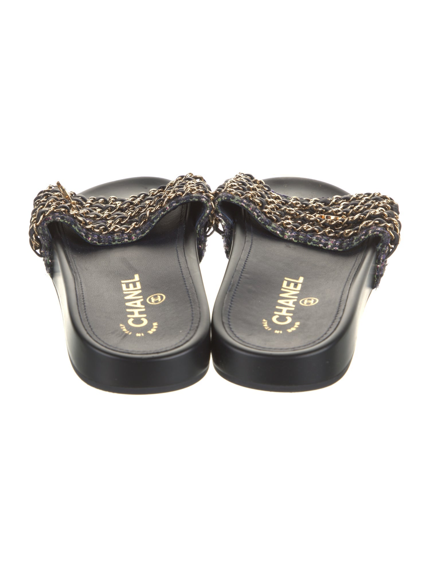 Chanel Interlocking CC Logo Tweed Slides